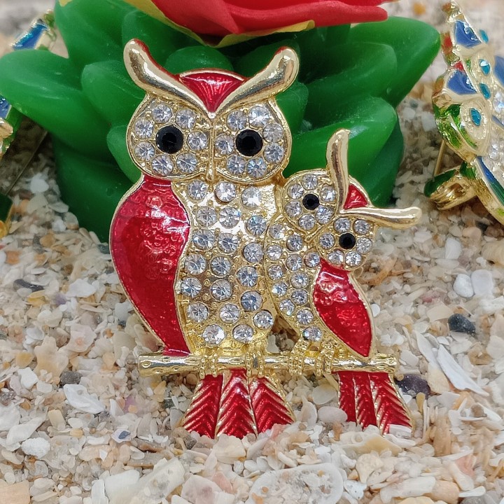 Broche Hibou Strass Or Rouge Mère et Petit | Trugarez Emma
