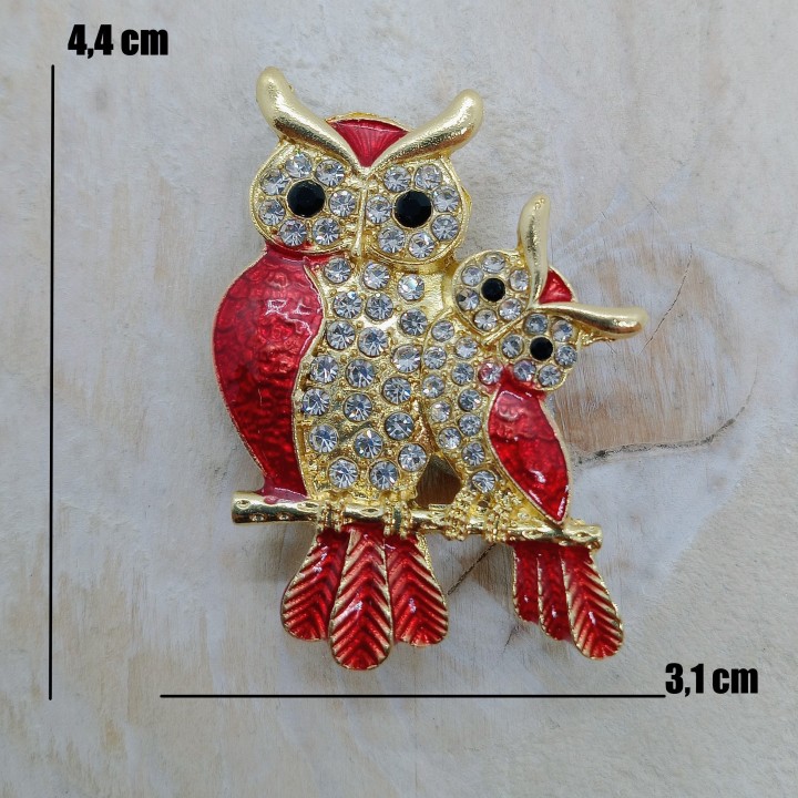 Broche Hibou Strass Or Rouge Mère et Petit | Trugarez Emma