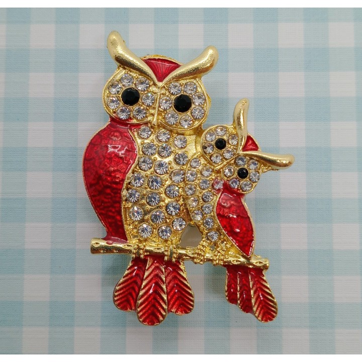 Broche Hibou Strass Or Rouge Mère et Petit | Trugarez Emma