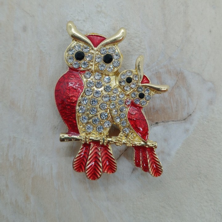 Broche Hibou Strass Or Rouge Mère et Petit | Trugarez Emma