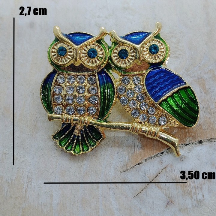 Broche Chouettes Strass Vert d'Eau Bleu Unisexe | Trugarez Emma