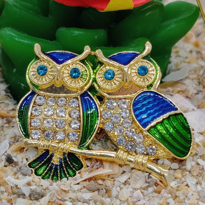 Broche Chouettes Strass Vert d'Eau Bleu Unisexe | Trugarez Emma