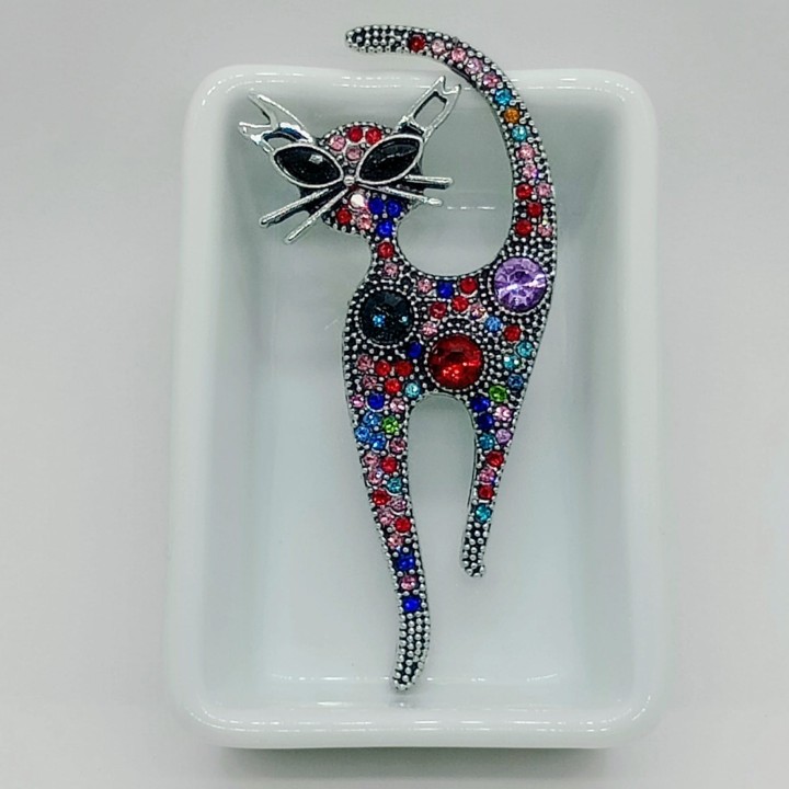 Broche chat en strass, diamants fantaisie et strass multicolores, yeux argent