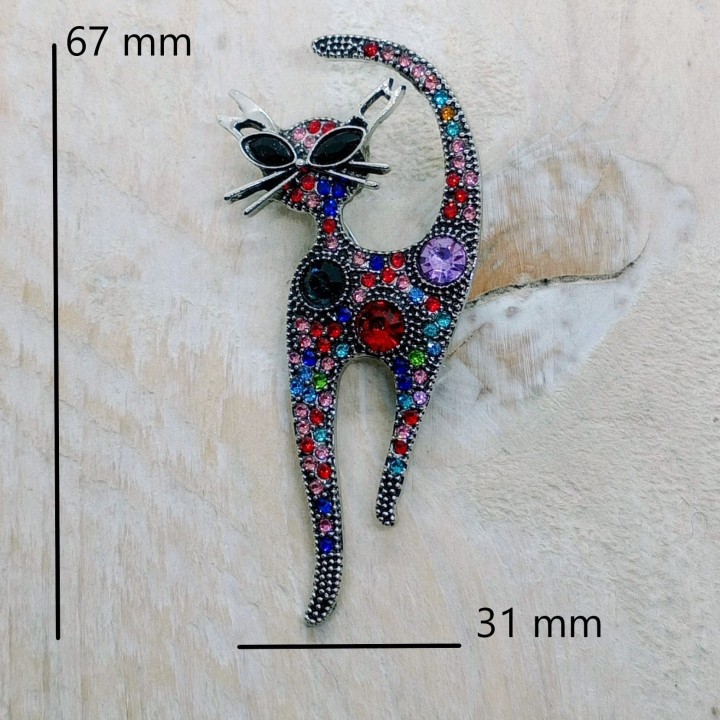 Broche Chat Strass Rouge Diamants Multicolores Yeux Argent | Trugarez Emma