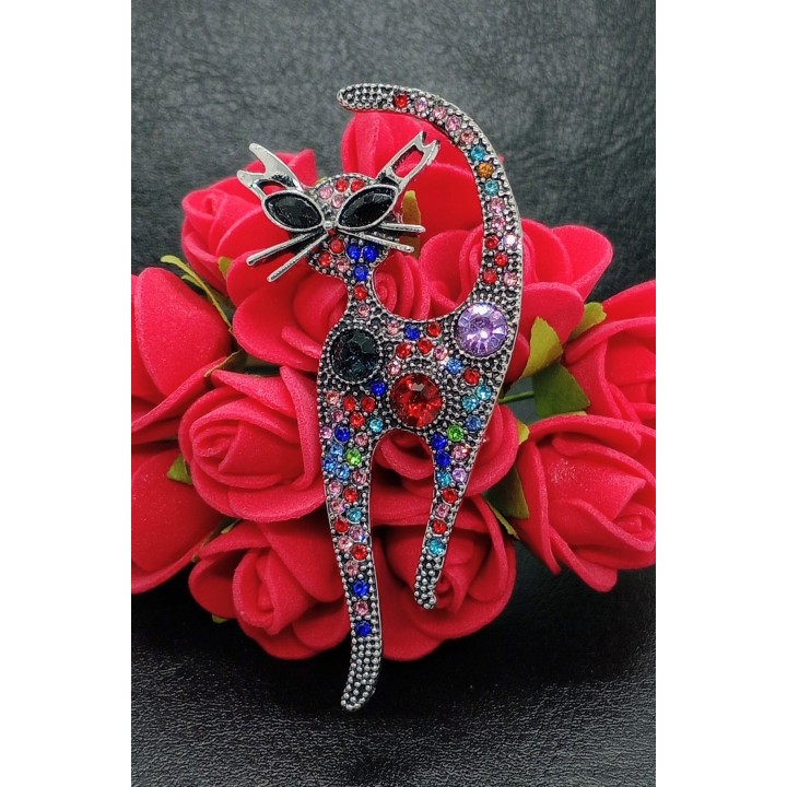 Broche Chat Strass Rouge Diamants Multicolores Yeux Argent | Trugarez Emma