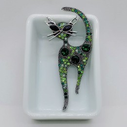 Broche chat en strass vert, diamants fantaisie, yeux argent
