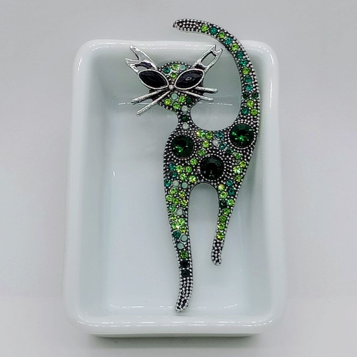 Broche chat en strass vert, diamants fantaisie, yeux argent
