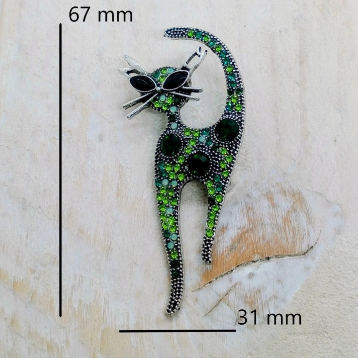Broche Chat Strass Vert Diamants Fantaisie | Trugarez Emma