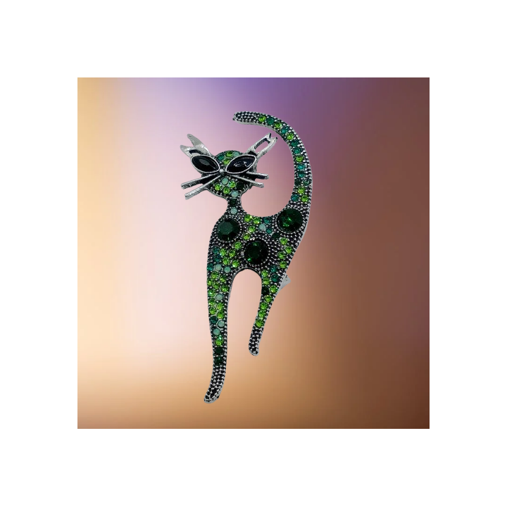 Broche Chat Strass Vert Diamants Fantaisie | Trugarez Emma