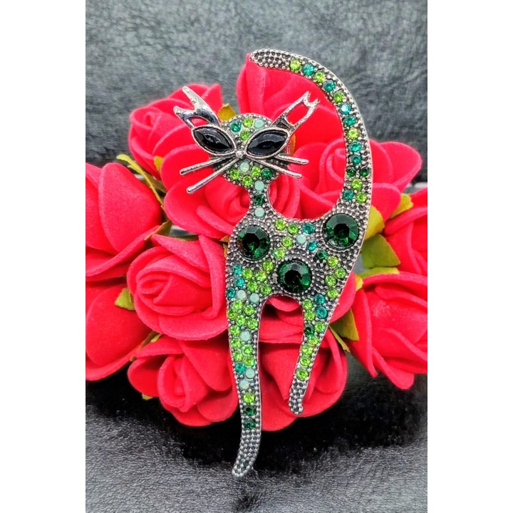 Broche Chat Strass Vert Diamants Fantaisie | Trugarez Emma