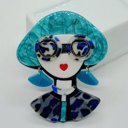 Broche en acrylique femme, cheveux bleu-vert carré boule, écaille bleue, boucles d'oreilles bleu clair